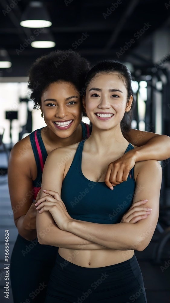 Fototapeta premium Two smiling women in gym embracing