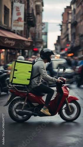 A food delivery man in a helmet and bright backpack speeds through the busy streets on his motorbike motion blur  photo