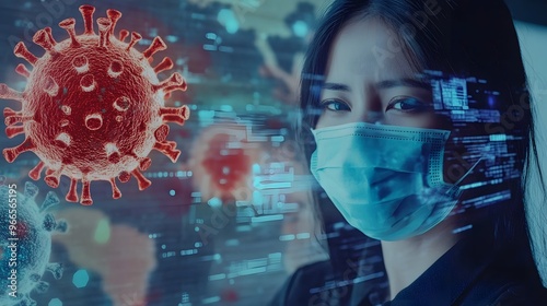 A Woman Wearing a Face Mask with a Coronavirus Image Superimposed