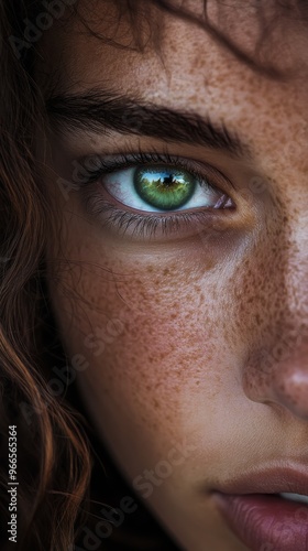 Close-up of a woman's eye with green iris and freckles, beauty detail. Portrait and natural aesthetics concept