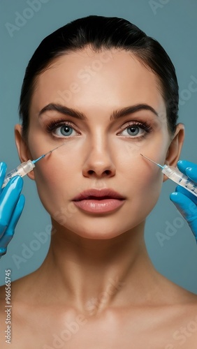 Woman receiving facial filler injections under eyes