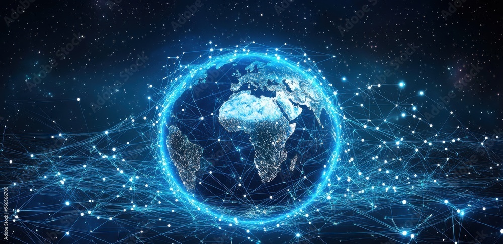 Obraz premium Digital illustration of Earth surrounded by interconnected global network of data and technology