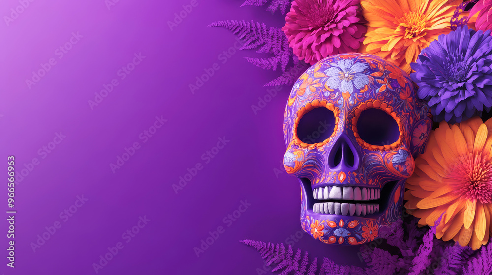 Dia de los muertos festival celebration. Colorful, vibrant image of a calavera with orange and purple flowers. Traditional sugar skull with decoration background. Mexico tradition and culture. Dia de los muertos festival celebration. Colorful, vibrant image of a calavera with orange and purple flowers. Traditional sugar skull with decoration background. Mexico tradition and culture.