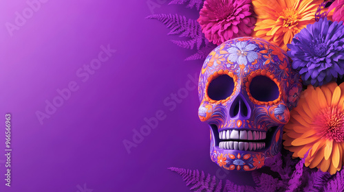 Dia de los muertos festival celebration. Colorful, vibrant image of a calavera with orange and purple flowers. Traditional sugar skull with decoration background. Mexico tradition and culture.