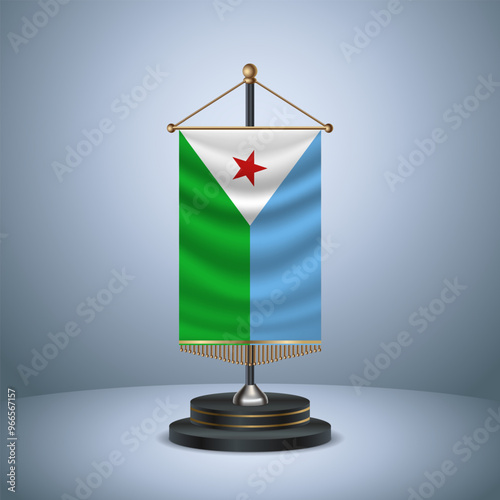 Djibouti Vertical table flag with golden pole of on dark  gradient background