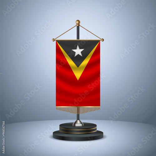 East Timor Vertical table flag with golden pole of on dark  gradient background