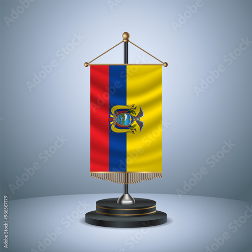 Ecuador Vertical table flag with golden pole of on dark  gradient background