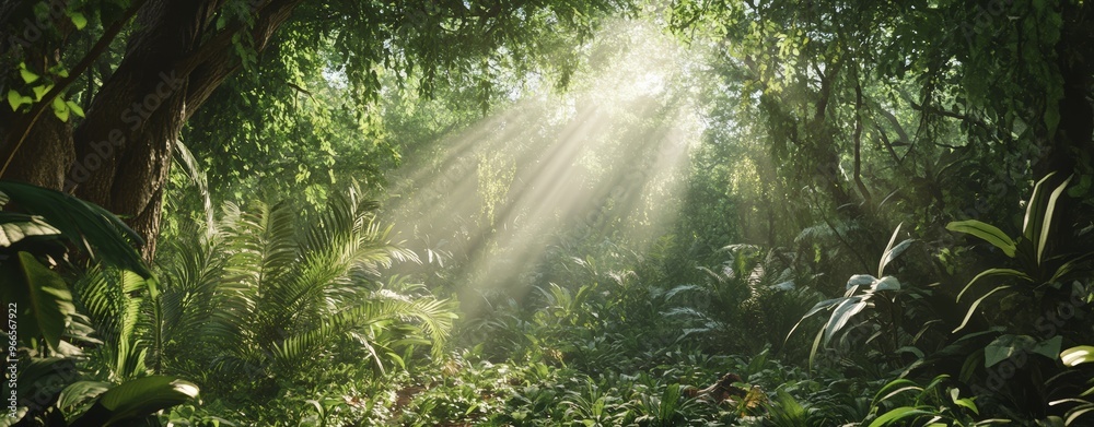 Lush jungle landscape in the morning with sunlight falling in through the leaves and trees. Green, natural rainforest. Green, tropical nature background with mist / fog. Lush jungle landscape in the morning with sunlight falling in through the leaves and trees. Green, natural rainforest. Green, tropical nature background with mist / fog.