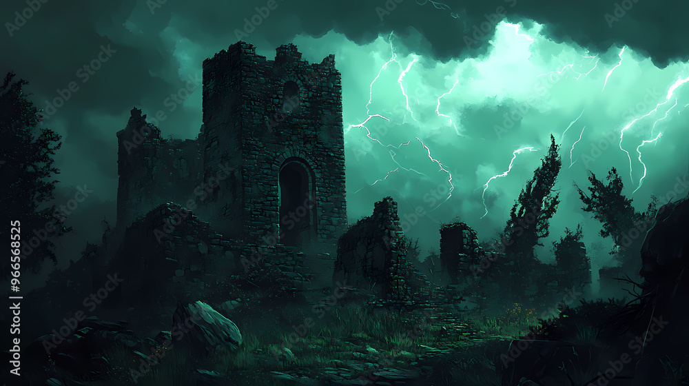 Dark stormy night sky over a ruined castle. Sky Castle. Illustration ...