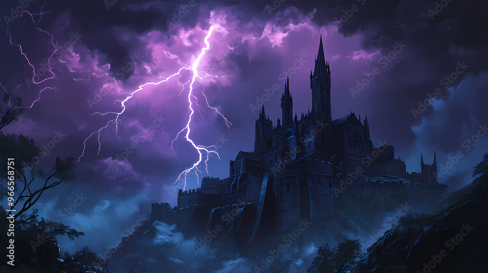 Dark stormy night sky over a ruined castle. Sky Castle. Illustration Dark stormy night sky over a ruined castle. Sky Castle. Illustration