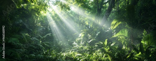 Lush jungle landscape in the morning with sunlight falling in through the leaves and trees. Green, natural rainforest. Green, tropical nature background with mist / fog.