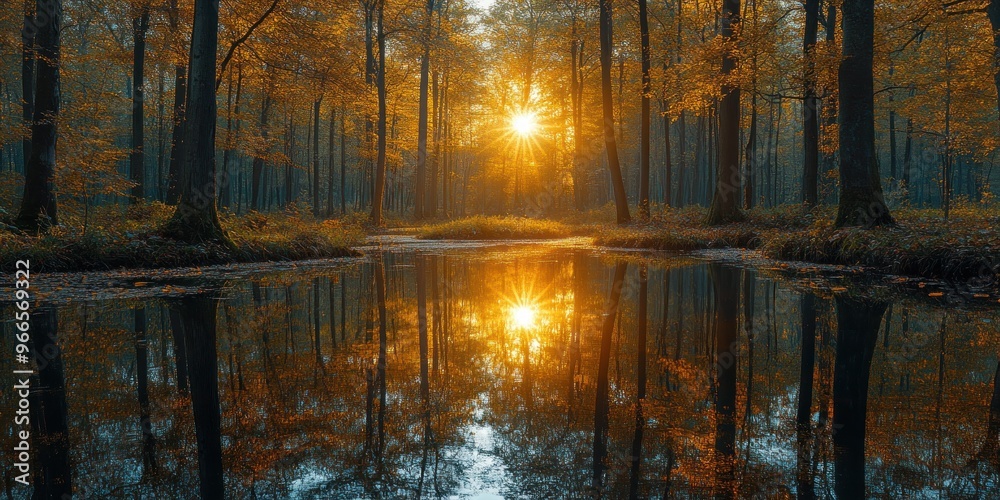 Obraz premium Sunbeams Through Autumn Forest Reflected in Still Water
