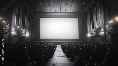 An empty movie theater with a blank screen and rows of seats, perfect for displaying a movie poster or film .