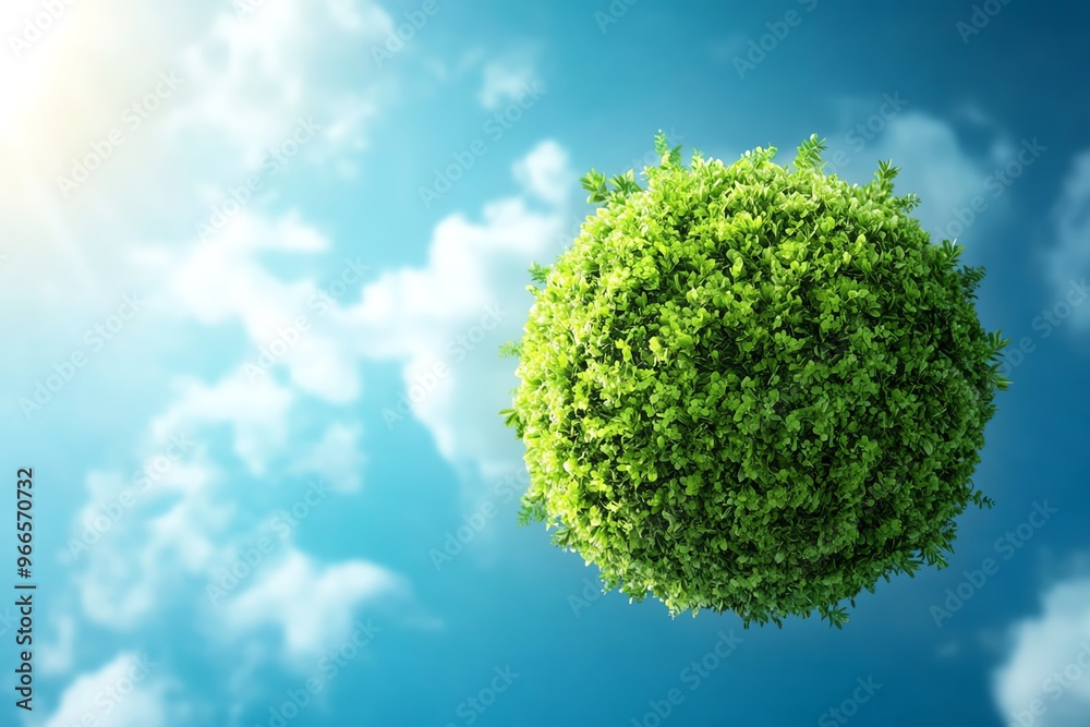 A vibrant green sphere representing nature, floating against a bright blue sky with fluffy clouds, symbolizing environmental harmony. A vibrant green sphere representing nature, floating against a bright blue sky with fluffy clouds, symbolizing environmental harmony.