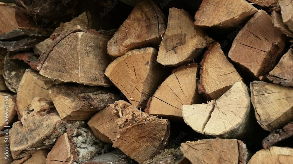 A wall of chopped logs is stored stacked. A wall of chopped logs is stored stacked.