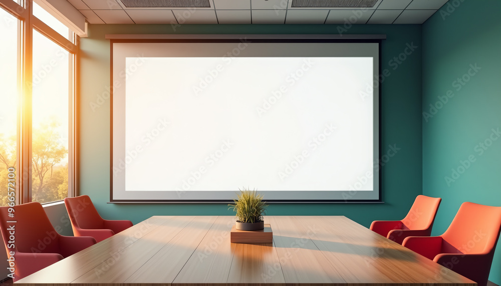 Modern Conference Room with Turquoise Walls and Red Chairs Modern Conference Room with Turquoise Walls and Red Chairs