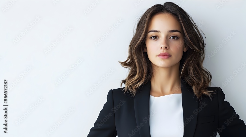Confident Businesswoman Standing in Power Pose on White Background with Headline Space Confident Businesswoman Standing in Power Pose on White Background with Headline Space