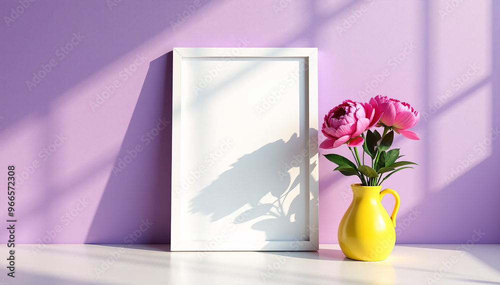 Minimalist Frame with Pink Flowers in a Yellow Vase and Soft Sunlight Minimalist Frame with Pink Flowers in a Yellow Vase and Soft Sunlight