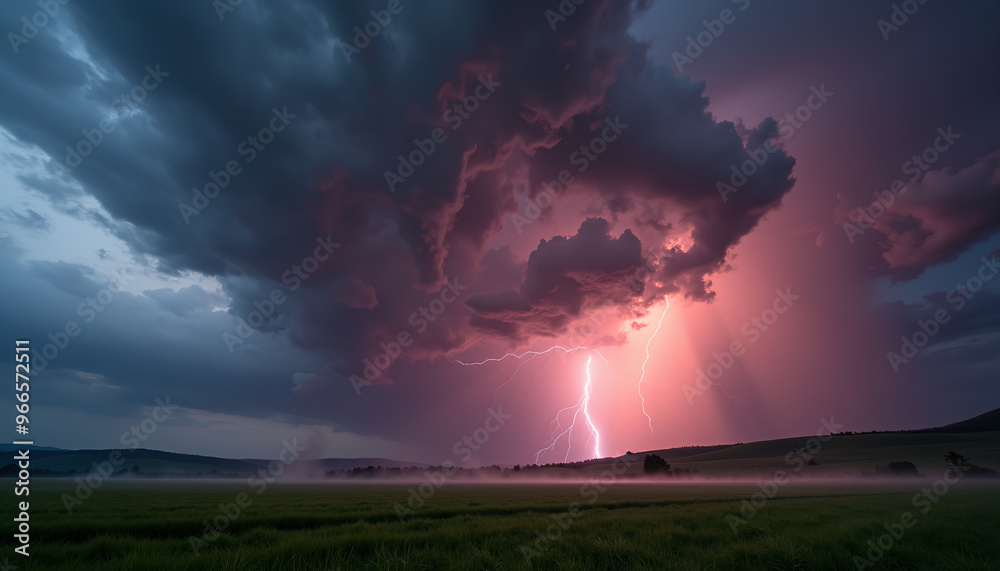 Fototapeta premium Lightning Strike over Green Field with Dramatic Pink-Blue Sky