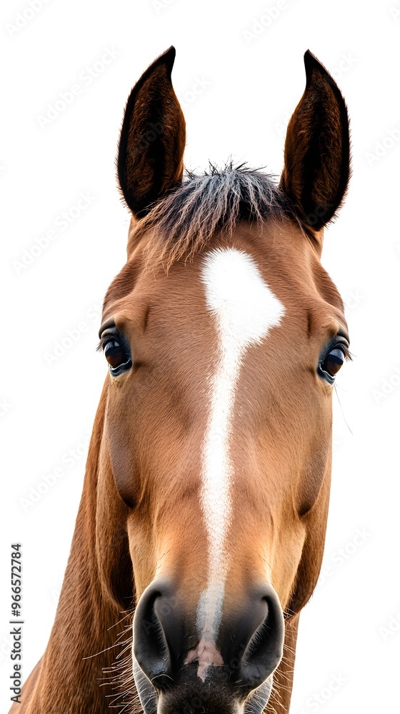 Horse face depicted in close-up, isolated on a pristine white background Horse face depicted in close-up, isolated on a pristine white background