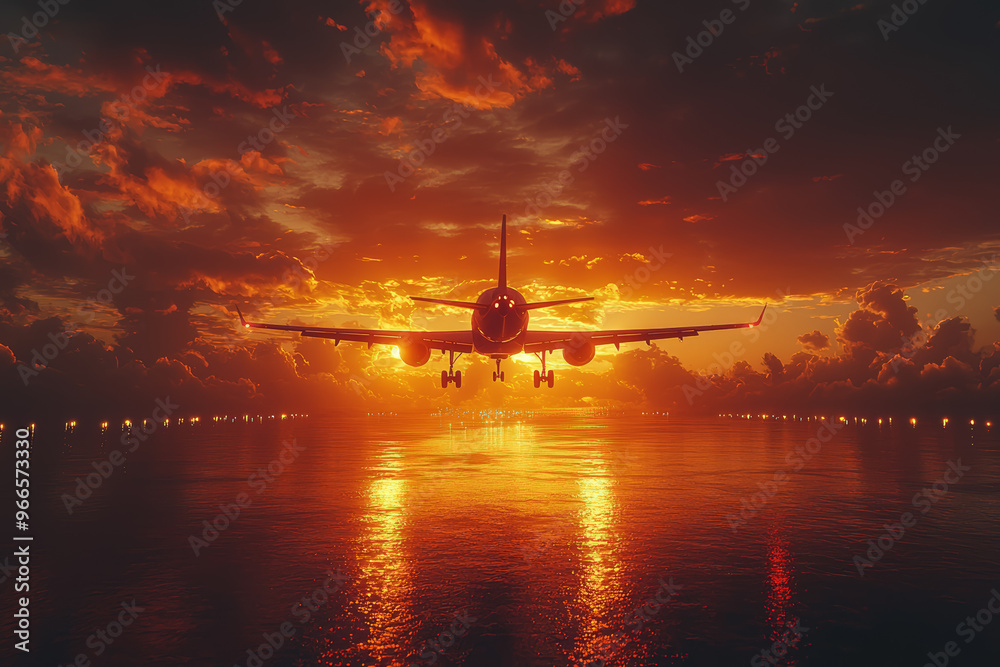A plane taking off against the backdrop of a sunset, the motion creating a dynamic contrast with the still horizon. Concept of travel and powerful ascent. A plane taking off against the backdrop of a sunset, the motion creating a dynamic contrast with the still horizon. Concept of travel and powerful ascent.