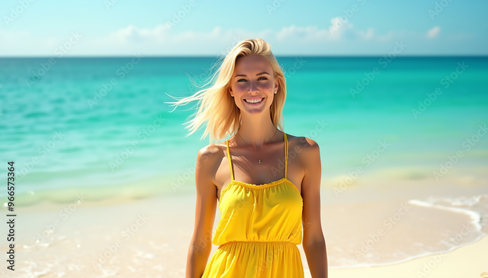 Blonde Woman in Yellow Dress Smiling on Beach