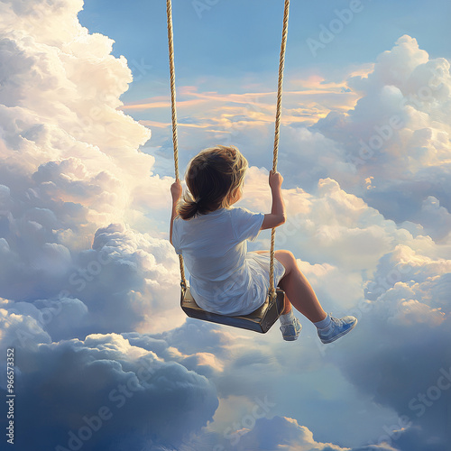 A girl swinging in the clouds with a peaceful expression photo