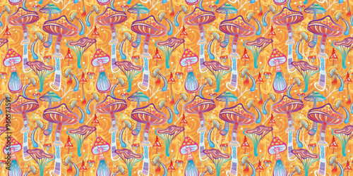 Seamless Pattern with Magic mushrooms, hand drawn vector illustration
