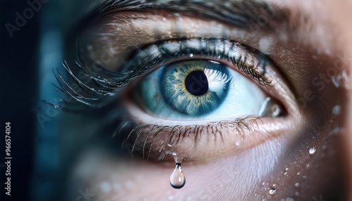 Someone has a tear of water on their eye