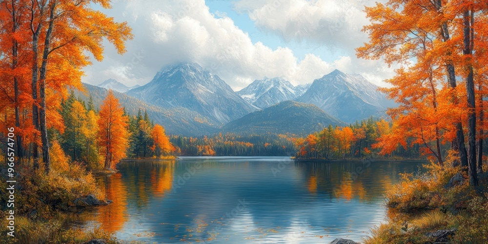 Autumnal Forest Reflecting in a Tranquil Lake, Mountain Range in Background Autumnal Forest Reflecting in a Tranquil Lake, Mountain Range in Background