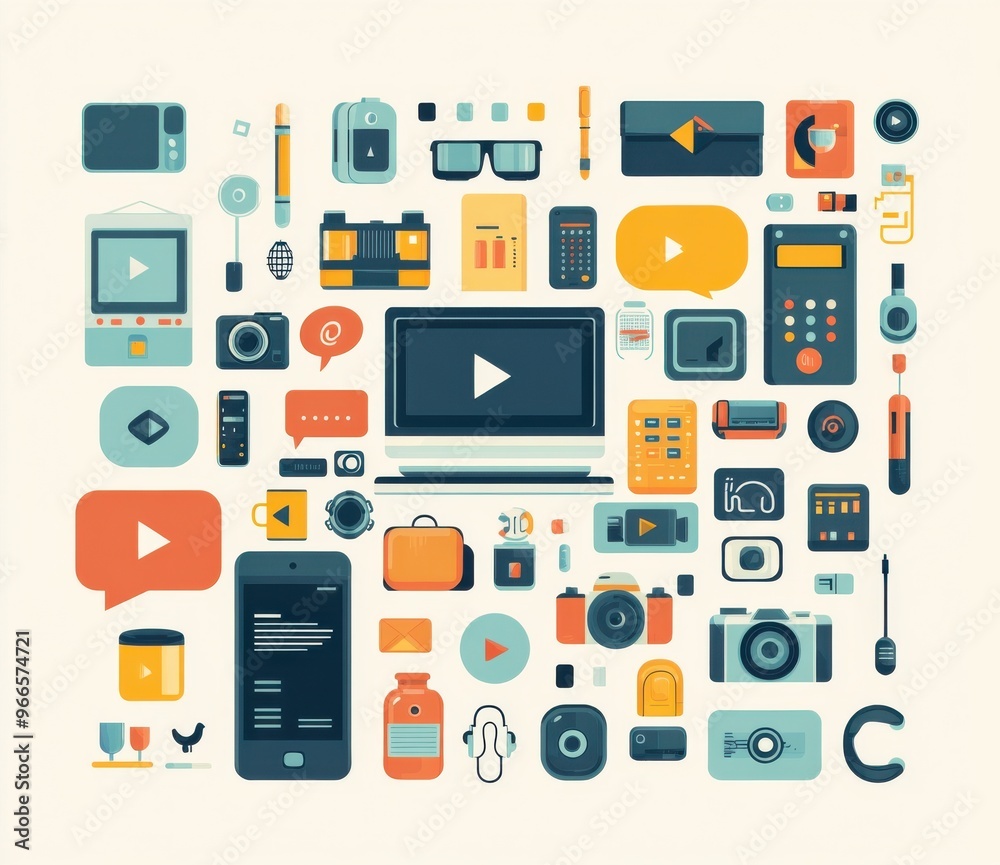 Flat illustration of various digital devices and media icons for technology and communication themes Flat illustration of various digital devices and media icons for technology and communication themes