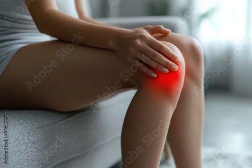 A woman sits on a couch with her knee propped up