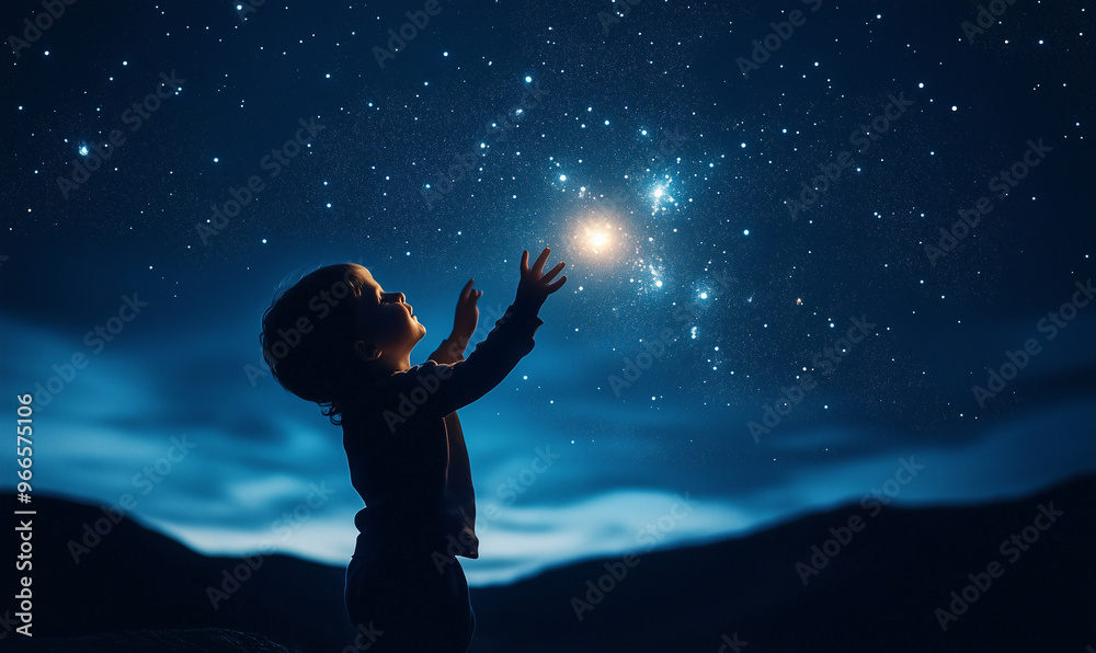 A child reaching up to the stars in a night sky with glowing hands A child reaching up to the stars in a night sky with glowing hands