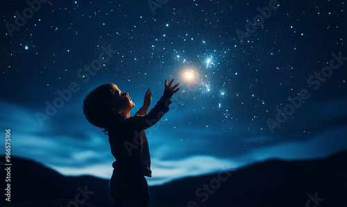 A child reaching up to the stars in a night sky with glowing hands