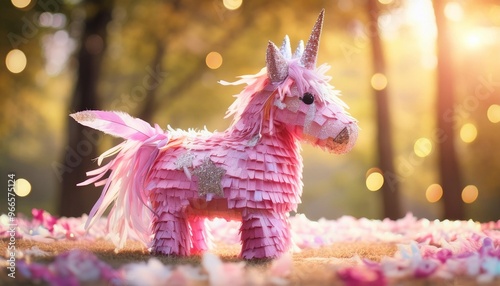 pink unicorn pinata with sparkles in a fantasy world photo