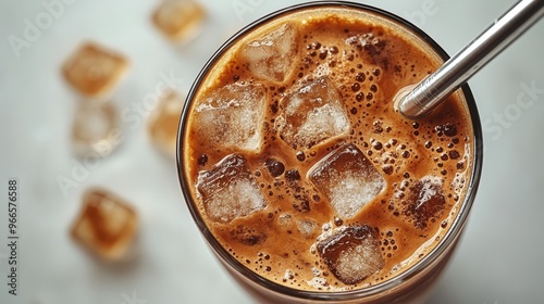 A refreshing glass of iced coffee with ice cubes and a metal straw, captured from above. Perfect for illustrating a cool beverage on a hot day. photo