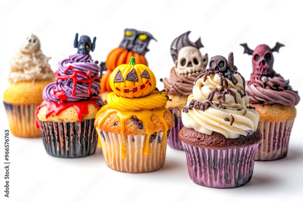 A set of horror halloween themed artsy cupcakes muffin isolated on white. A set of horror halloween themed artsy cupcakes muffin isolated on white.