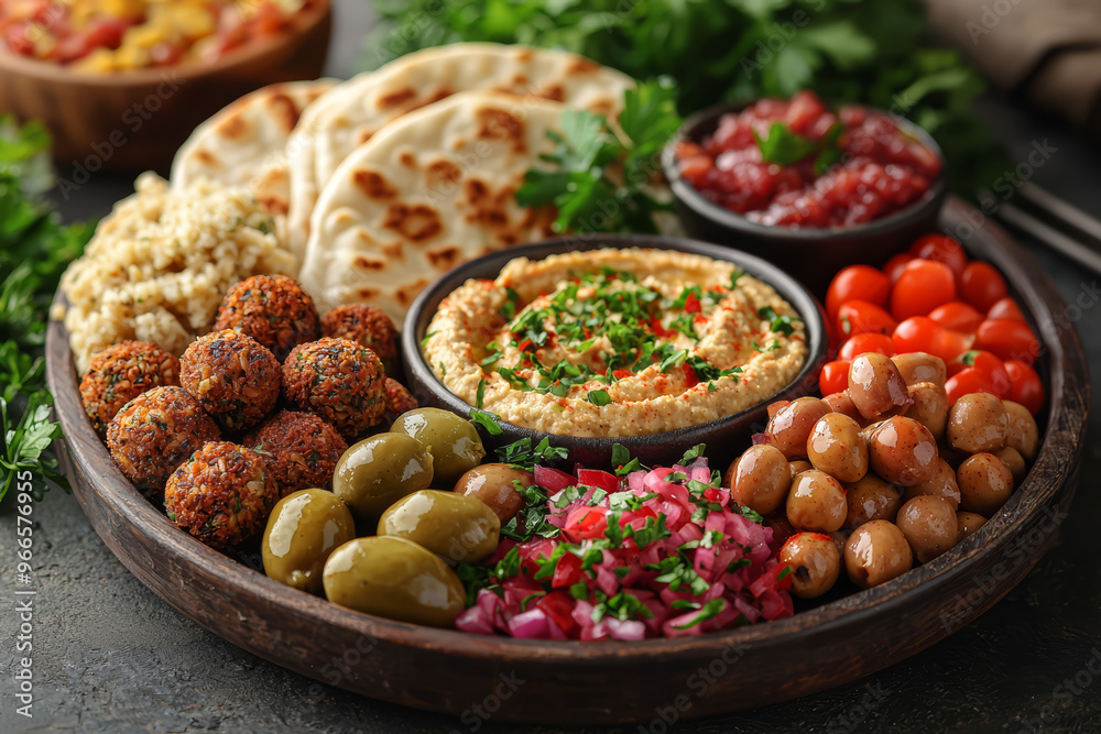 A vibrant Mediterranean platter featuring hummus, falafel, olives, and pita bread, illustrating the diverse and flavorful elements of Mediterranean cuisine. A vibrant Mediterranean platter featuring hummus, falafel, olives, and pita bread, illustrating the diverse and flavorful elements of Mediterranean cuisine.