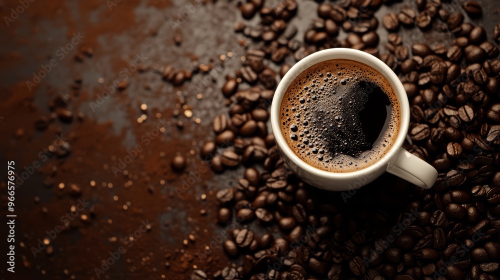 A steaming black coffee in a white cup surrounded by scattered coffee beans on a dark wooden surface. A steaming black coffee in a white cup surrounded by scattered coffee beans on a dark wooden surface.