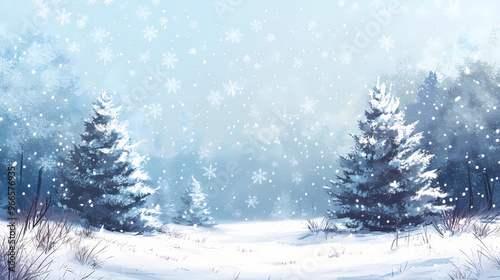 Softly falling snowflakes in a winter wonderland landscape. Winter Wonderland. Illustration