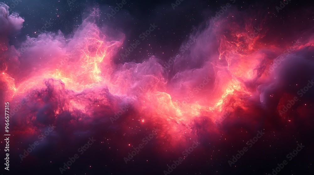 Obraz premium A vibrant, fiery nebula with swirling clouds of gas and dust, illuminating the dark expanse of space.