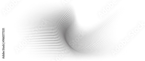 Flowing Wave Dot Halftone Pattern: Curve Gradient Shape on Transparent Background. Suitable for AI, Tech, Network, Digital, Science, and Technology Themes.