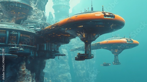 Futuristic Underwater Transportation Hub with Sleek Docked Submarines at Advanced Aquatic Station photo