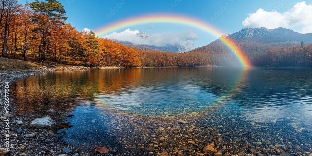 Rainbow Over a Tranquil Mountain Lake with Autumn Foliage Rainbow Over a Tranquil Mountain Lake with Autumn Foliage