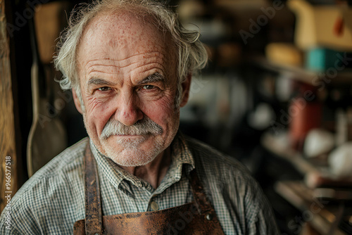 Mustached senior caucasian psycopath creepily staring at camera and grinning.