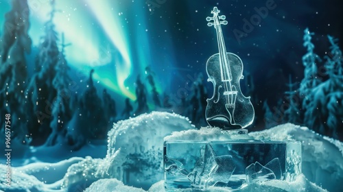 a violin shaped ice sculpture at the pole with a view of the aurora in the sky
