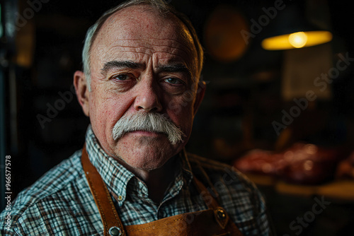 Mustached senior caucasian psycopath creepily staring at camera and grinning. photo
