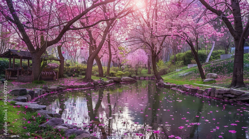 Tranquil Pond Surrounded by Pink Blossoming Trees Tranquil Pond Surrounded by Pink Blossoming Trees