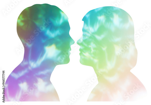 PNG Holography woman and man head silhouette facing each other adult love white background.