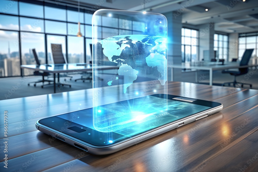 Sleek Transparent Smartphone with Holographic Display in Minimalist High-Tech Workspace - Digital Innovation and Glowing Interface Sleek Transparent Smartphone with Holographic Display in Minimalist High-Tech Workspace - Digital Innovation and Glowing Interface